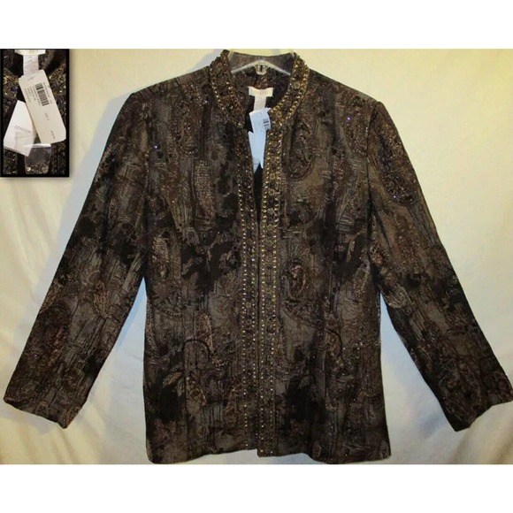 NWT! CHICOS CHOCOLATE BROWN BLACK JEWEL BEADS PAISLEY LONG JACKET TOPPER 0 Small - Picture 4 of 10